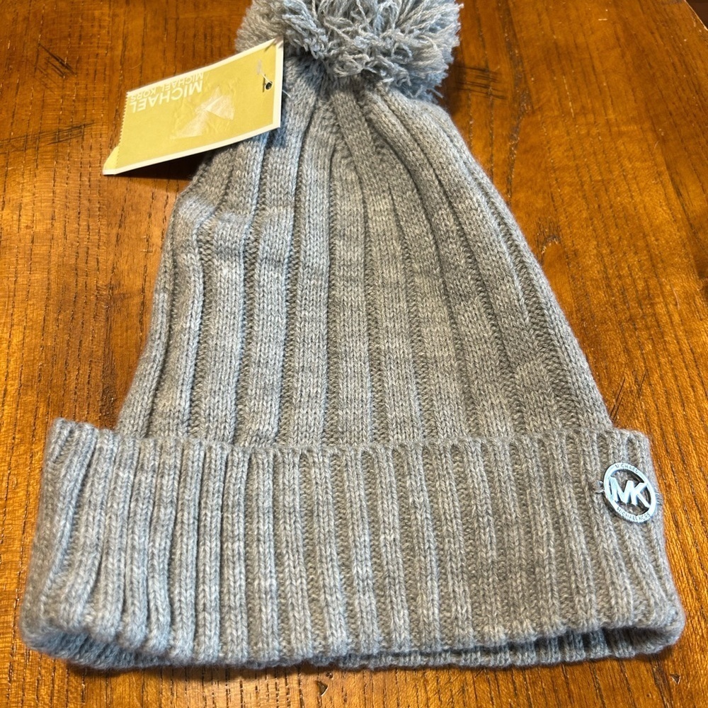 Michael Kors Gray Knitted Hat with Pom-Pom